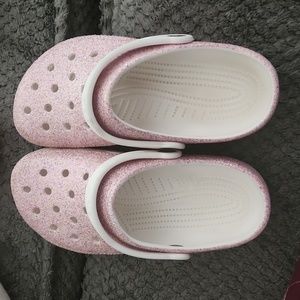 White with pink glitter Crocs size J3
